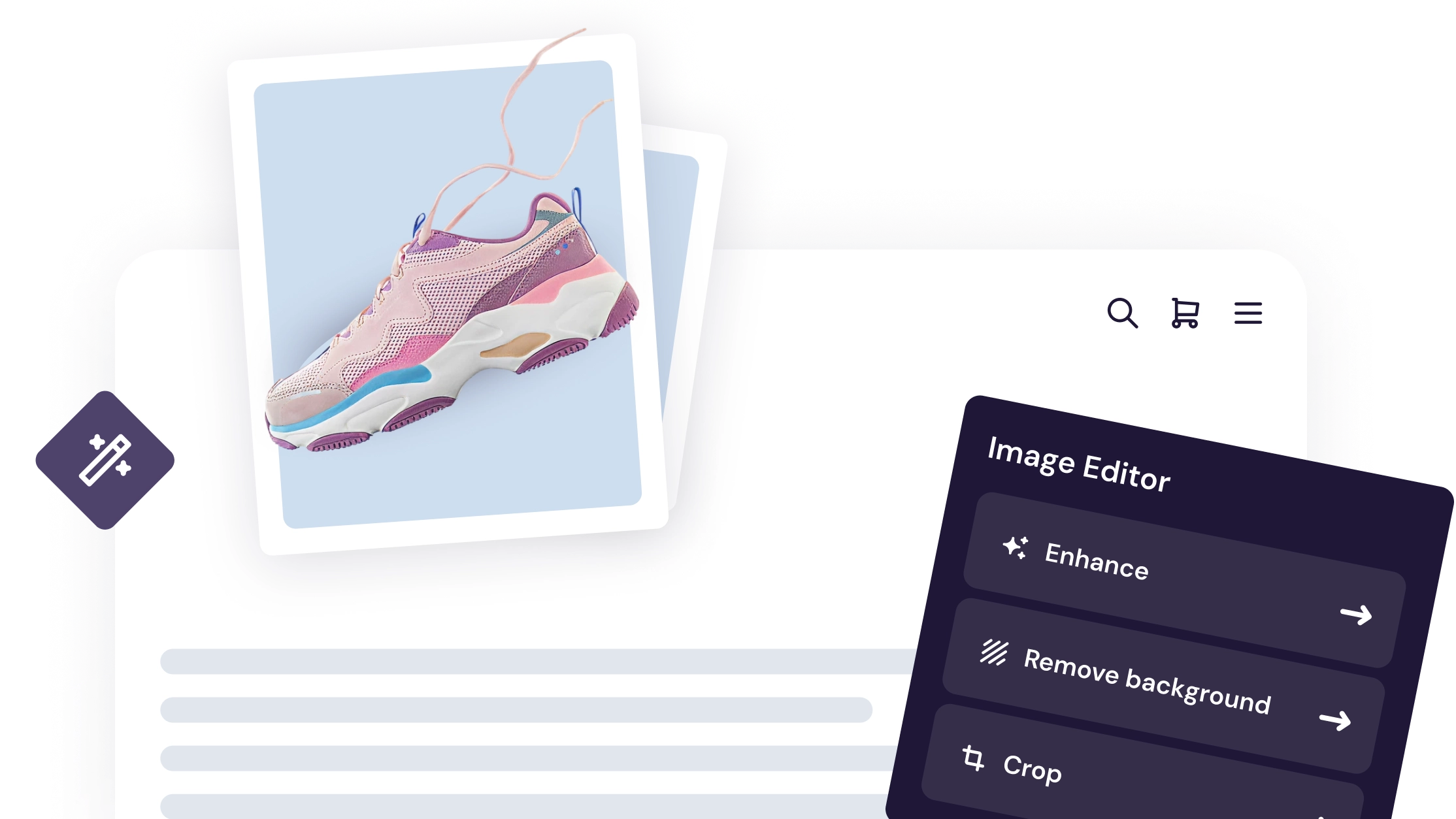 Pixc image editor preview showing a sneaker product photo with editing options